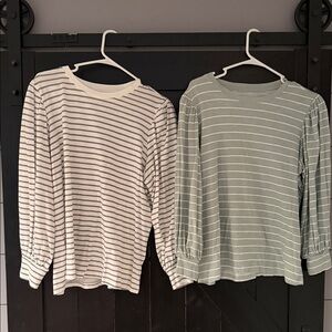 Striped Women’s Long Sleeve Tops - White and Green-Set of 2